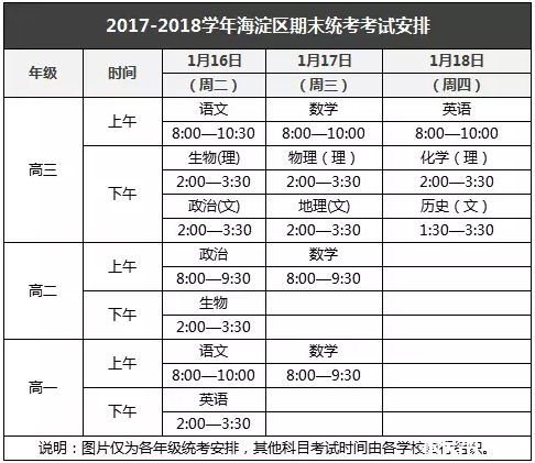 2017-2018北京海淀区高二期末考试时间安排