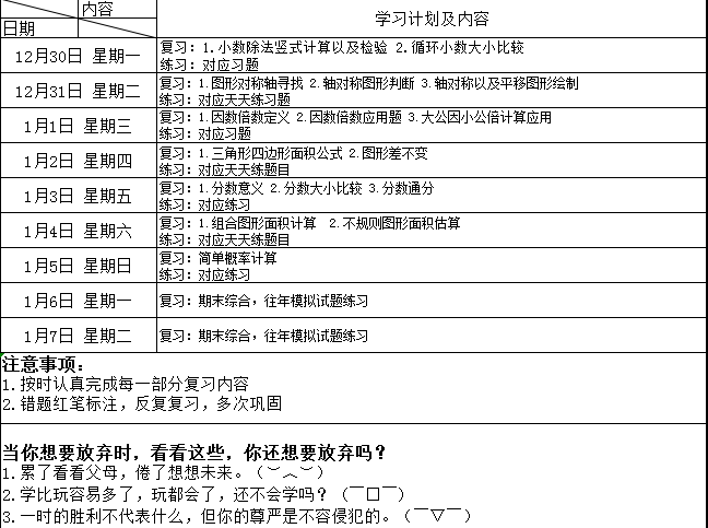 五年级期末冲刺计划表