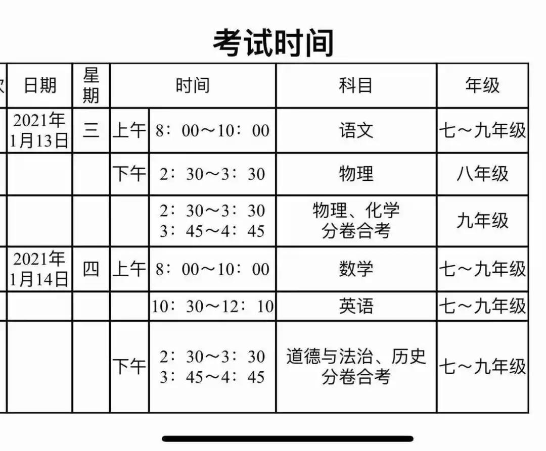 2020-2021广州天河区上学期初中期末考试时间