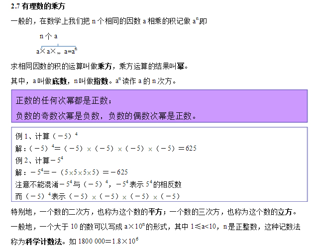 七年级上册数学有理数的乘方知识点