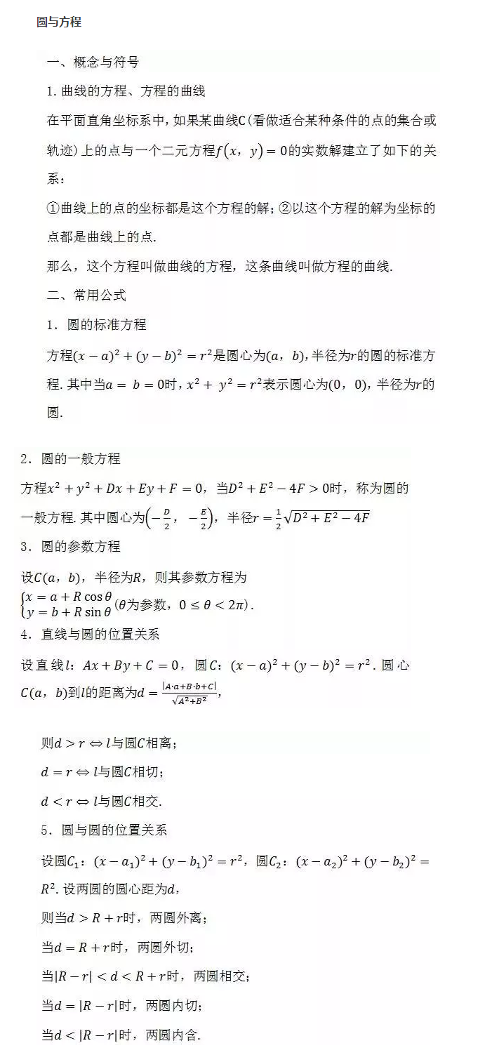 高中数学公式大全圆与方程