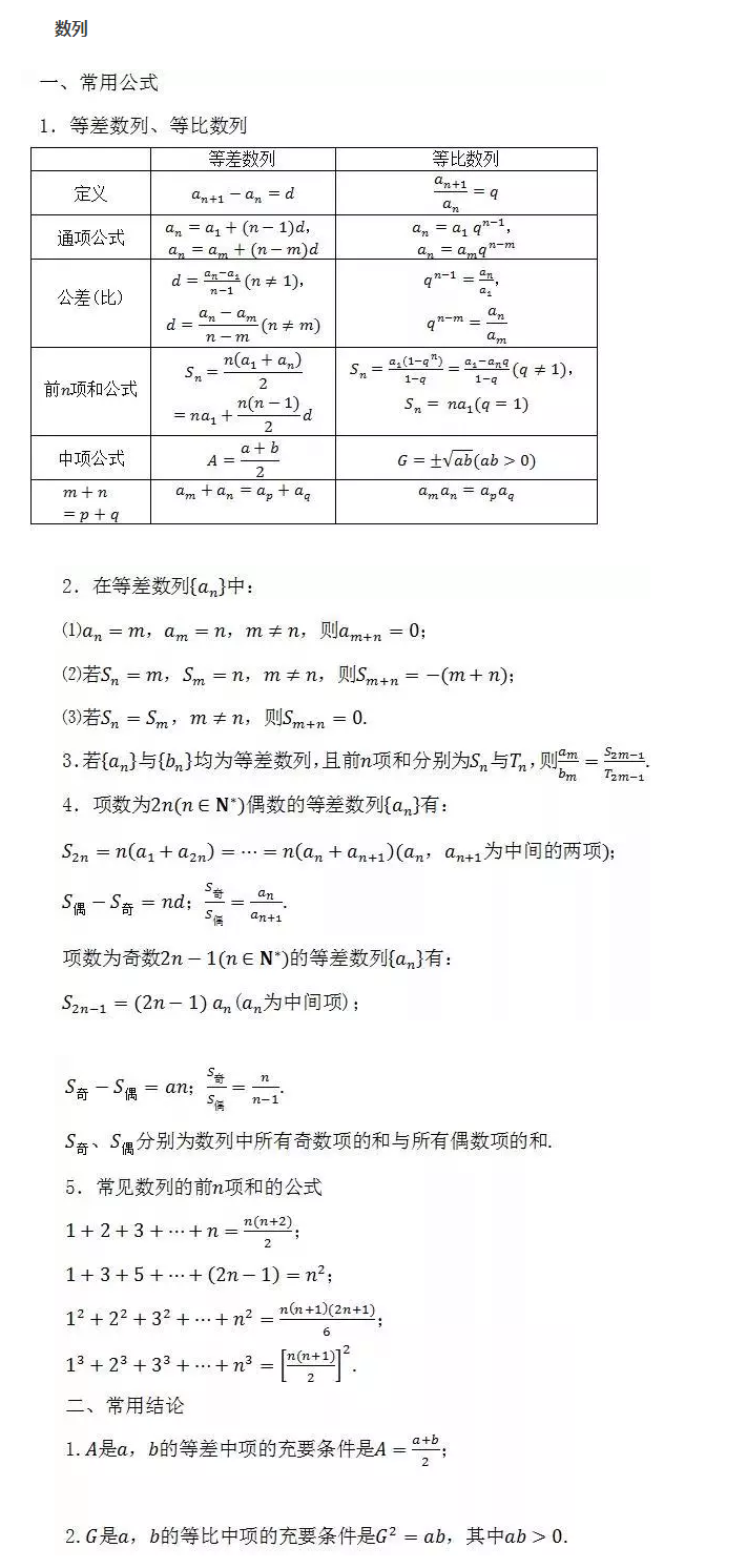 高中数学公式大全:数列