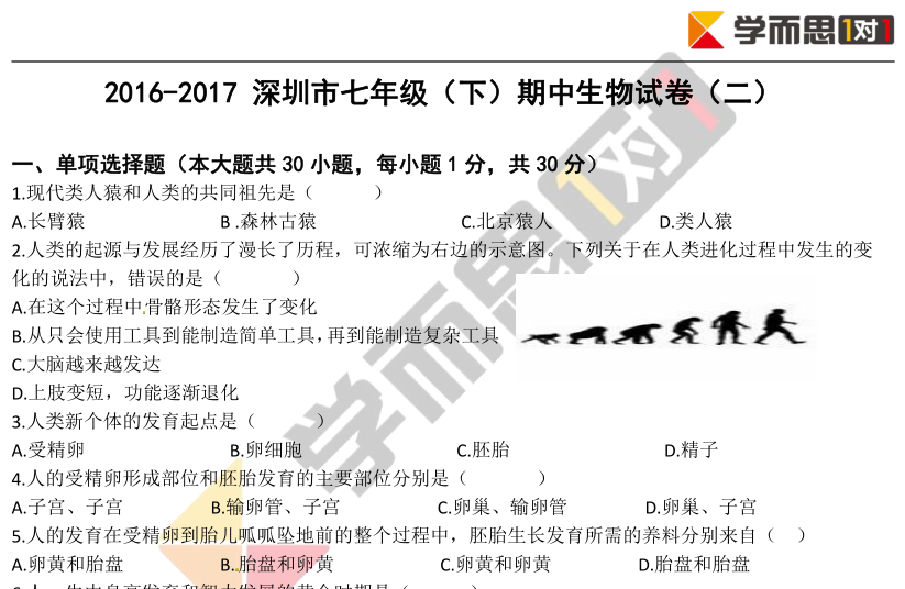 2016-2017学年深圳初一下期中生物试卷及答案
