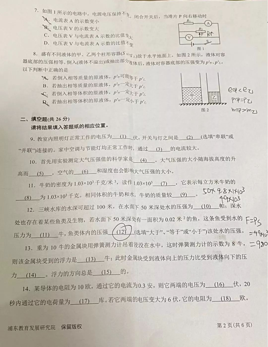 2020年上海浦东新区初三一模物理试题第2页