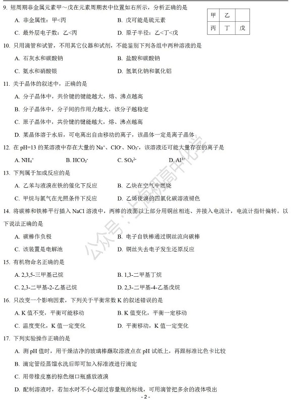 2019年上海奉贤区高三二模化学试题第2页