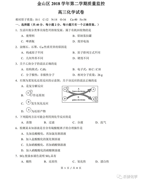 2019年上海金山区高三二模化学试题第1页