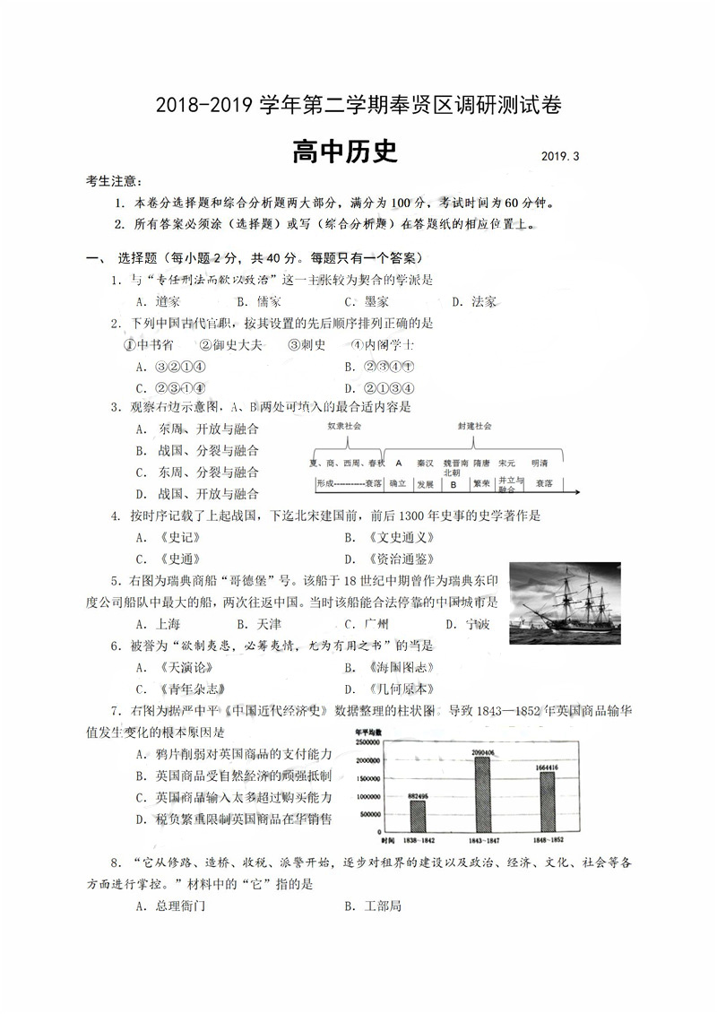 2019年上海奉贤区高三二模历史试题及答案