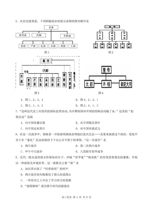 2019年上海金山区高三二模历史试题及答案2