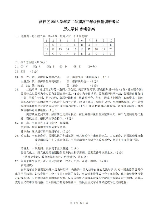 2019年上海闵行区高三二模历史试题及答案7
