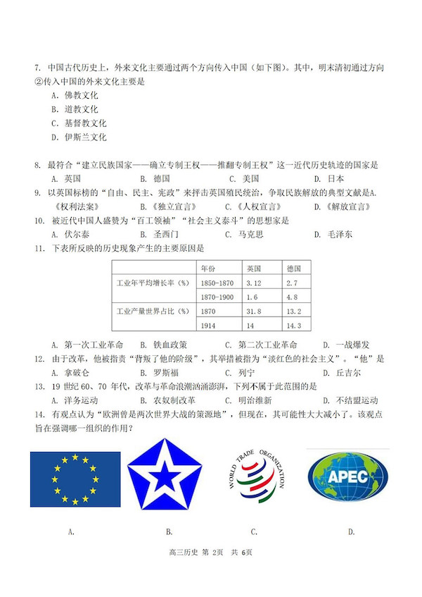 2019年上海青浦区高三二模历史试题及答案2