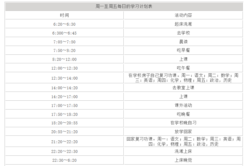 成都初三学习时间分配计划表