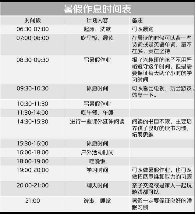 四年级暑期作息时间安排表